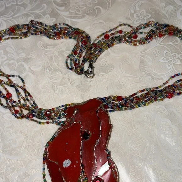 Handcrafted used multicolor Beaded Necklace w/lg. red metal hang dec. 8 strands - Picture 3 of 10
